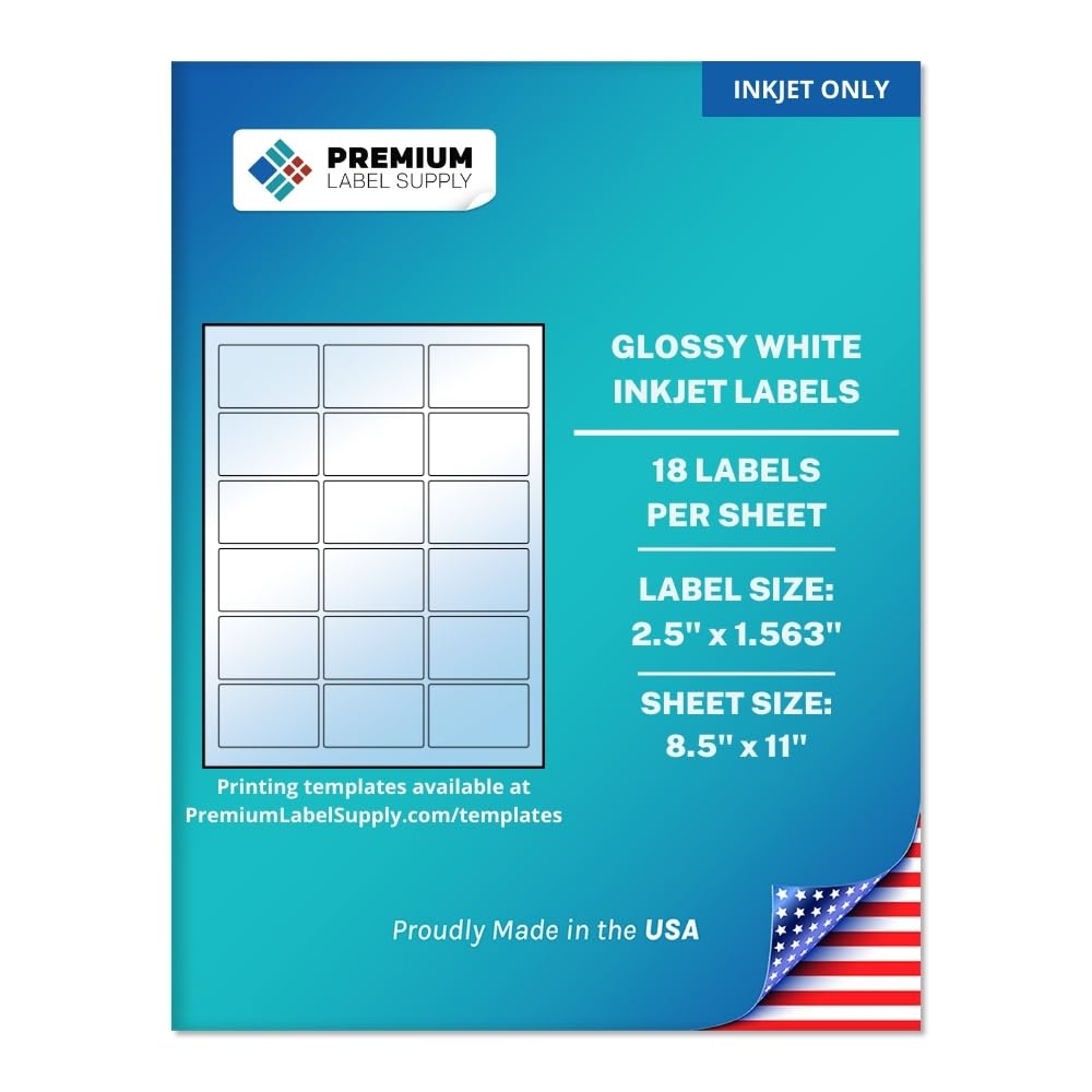 Premium Label Supply Glossy White Sticker Labels – 2.5" x 1.563" – (18 per Sheet) (Glossy White for Inkjet Only, 450 Labels)