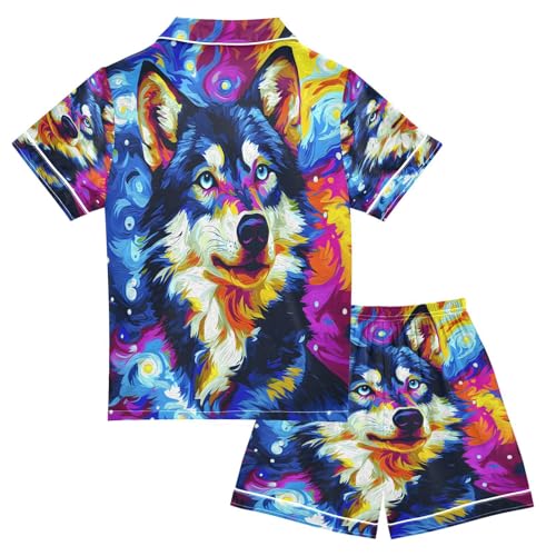 ALAZA Wolf Colorful Abstract Satin Pajamas Set Short Sleeve Button Down Sleepwear Summer Pjs 2 Piece2