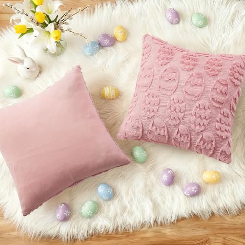 Image of decorUhome Easter Pink Egg Pillow Covers 16x16 Inch Set of 2, Soft Plush Faux Wool Jacquard Cushion Covers, Farmhouse Neutral Fuzzy Spring Easter Holiday Decor for Couch Sofa Bed