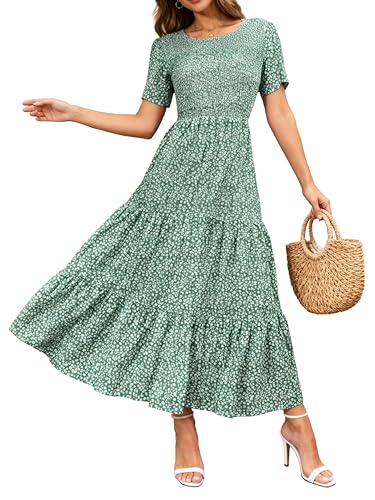 Image of BTFBM Women Casual Short Sleeve Crew Neck Summer Dress Bohemian Floral Printed Flowy Maxi Dresses Tiered Cocktail Dress