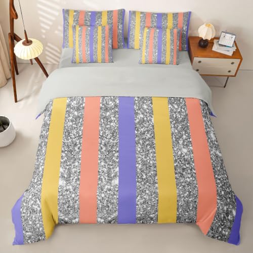 Loussiesd Juego de funda de edredón con sábanas de 7 piezas, tamaño Super King, juego de ropa de cama de rayas para niños y niñas, ropa de cama con purpurina en una bolsa, decoración geométrica