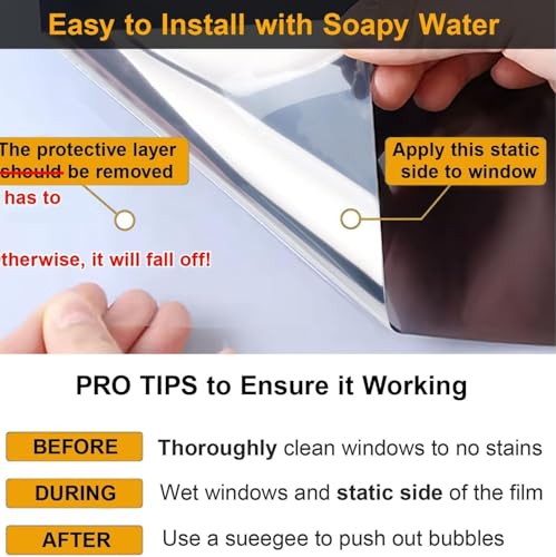 Image of WALLMATE One Way Window Privacy Film, Static Cling Removable Non-Adhesive UV Sun Heat Blocking Reflective Mirror Film, See Out Not in for Home and Office (Silver Black Film, 20x150 in)