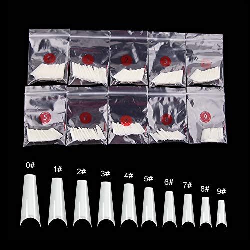 krofaue 500PCS Acrylic False Nail Tips Long Coffin French Style Artificial Fake Nails Half Cover for Nail Salon Home DIY Nail Art UV Gel, 10 Sizes with Bag (Natural)