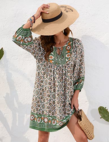 Image of Bluetime Women Casual Summer Dress Boho V Neck 3 /4 Sleeve Babydoll Floral Print Flowy Beach Dress