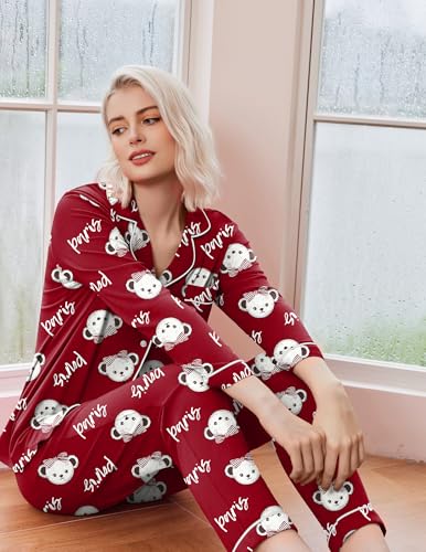 Image of Ekouaer Pajamas Women's Long Sleeve Sleepwear Soft Button Down Loungewear Pjs Lounge Set Nightwear XS-XXL
