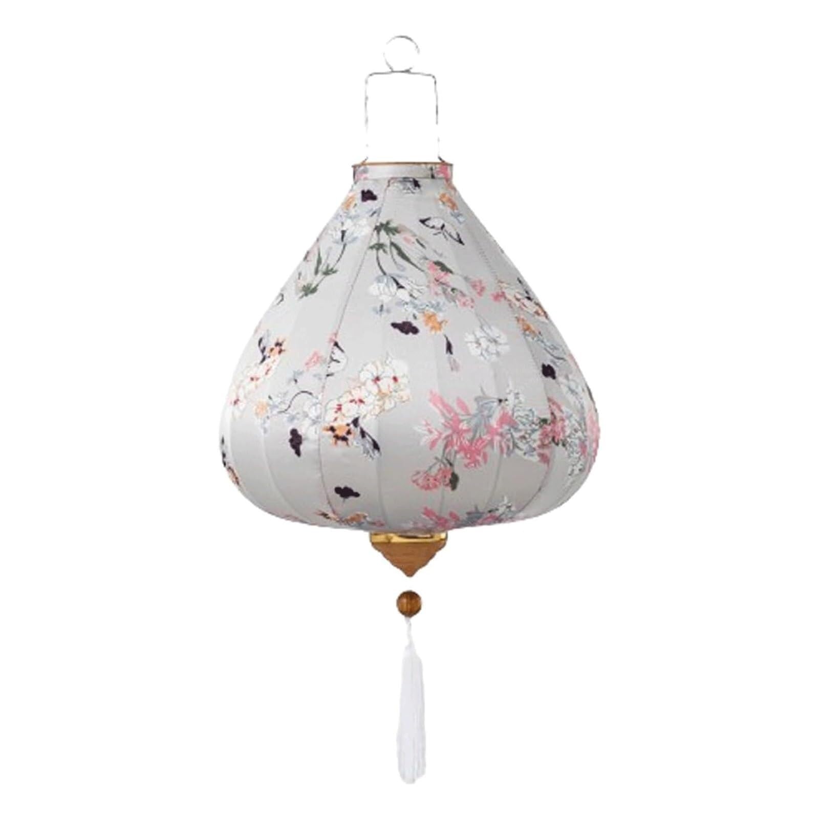 Asian lantern, Chinese Silk Lantern Oriental Floral Pattern Oval Hanging with Tassel for Outdoor Garden and Holiday Celebration(Grey,16 inch)