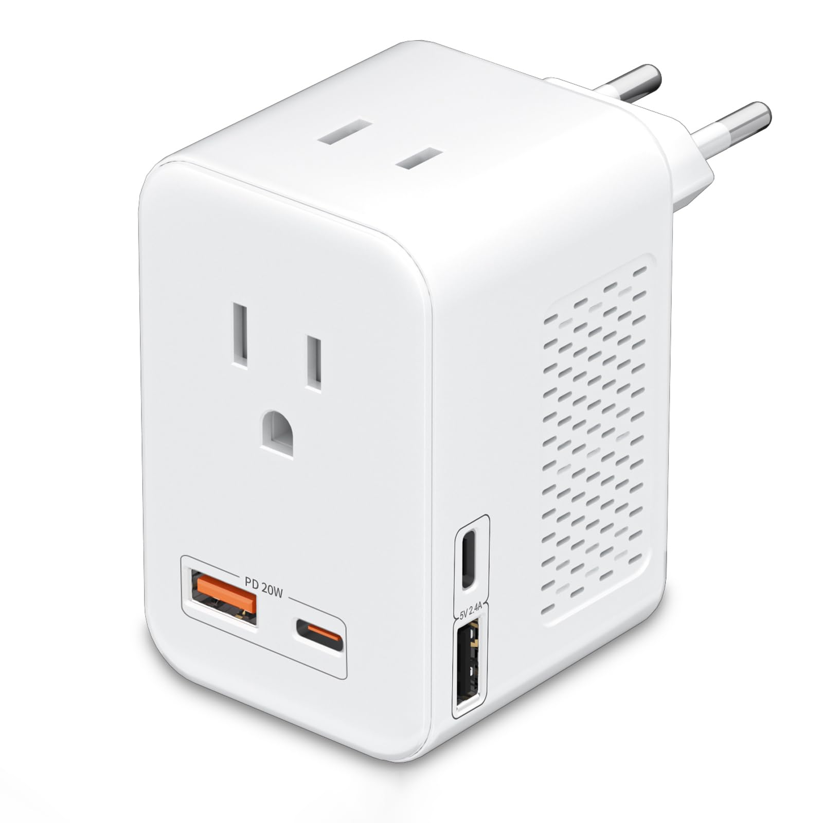 220V to 110V Voltage Conversion Plug Adapter for Traveling from USA to Europe with 2 USB and 2 USBC Ports PD 20 W, 2 AC Outlets International Power Adapter