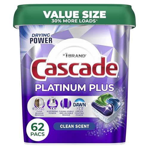 Cascade Platinum Plus Dishwasher Pods, Dish Detergent Soap, Clean Scent, 62 Count