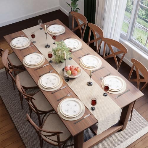 Image of Encasa XO Cotton Table Runner for 8 to 10 Seater | Size 13x120 in | Ticking Beige - Machine Washable & Durable
