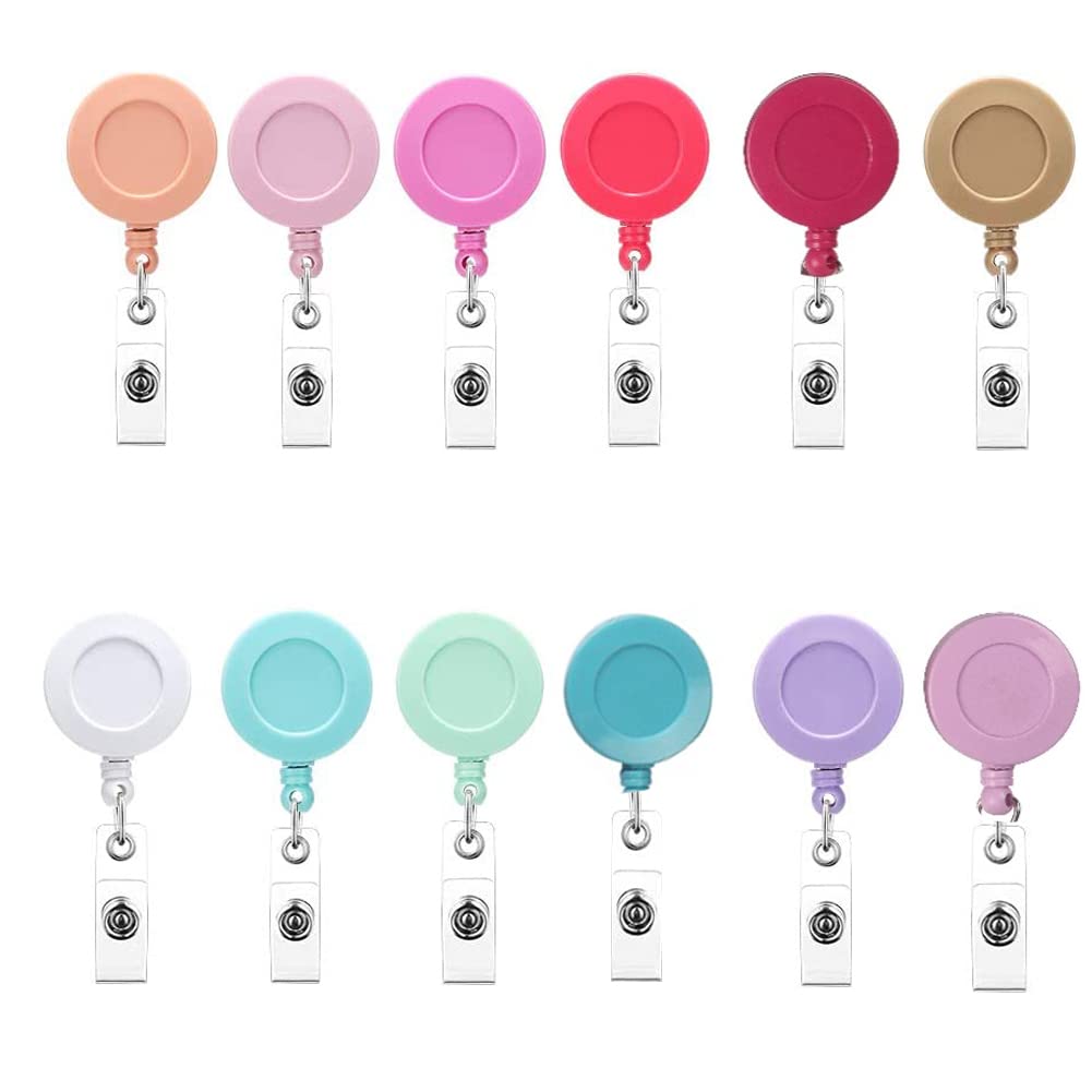 Colorful Retractable Badge Reel Cute ID Name Badge Holder Reels Nurse ID Badge Card Holder for Doctor Teacher Office Worker Solid Color 12 Pack (