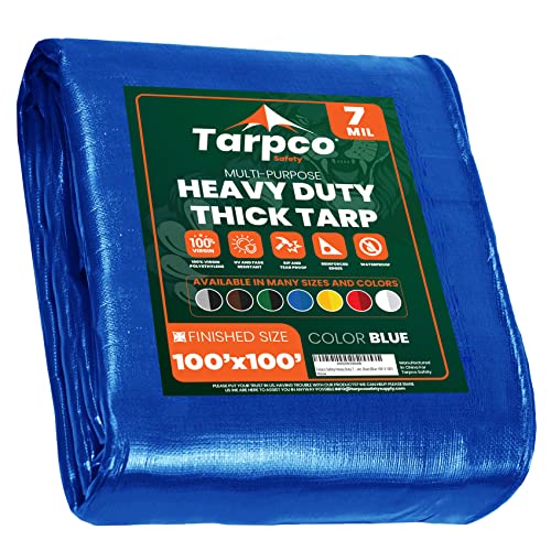 Image of Heavy Duty 7 Mil Tarp Cover, Waterproof, UV Resistant, Rip and Tear Proof, Poly Tarpaulin with Reinforced Edges for Roof, Camping, Patio, Pool Cover, Boat (Blue 100′ X 100′)