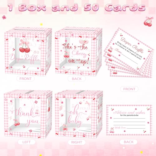 Image of 51Pcs Cherry Diaper Raffle Tickets with Box for Baby Shower Games, She's the Cherry on Top Baby Shower Decorations Pink Bow Clear Diaper Raffle Box