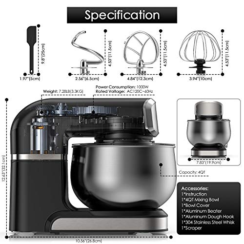 Lilpartner Stand Mixer, 1000W Professional Electric Kitchen Mixer Food Mixer, 6-Speed Tilt-Head Dough Mixer with 4-Qt Stainless Steel Bowl, Mixing Beater, Whisk, Dough Hook, Scraper &Splash Guard