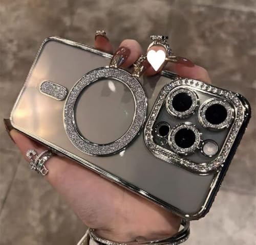 Image of Cute Compatible with iPhone 15 Diamond Glitter Case,Luxury Bling Rhinestone Soft Clear TPU Bumper Case,Compatible with MagSfe and Camera Lens Protection Cover for Women Girls (Silver)