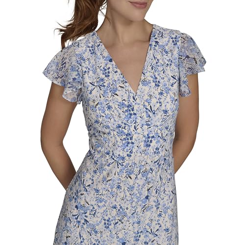 Image of Tommy Hilfiger Women's Flutter Sleeve V-Neck Ruffle Trim Hi-Lo Midi Dress