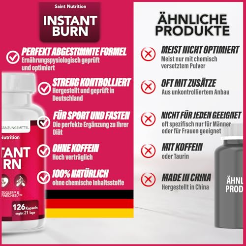 INSTANT BURN® Appetitzügler Kapseln – Abnehmen & Stoffwechsel - EXTREM hochdosiert mit Glucomannan, Cholin, Vitamin B1 und B6 – Für Frauen & Männer, schnell & stark – Nahrungsergänzung, 21 Tage Kur