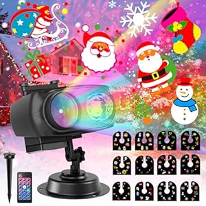 Projektor Weihnachten Außen, 2-in-1 Hologramm Projektor mit 12 Folien 8 Mustern 10 Farben Welleneffekt, Wasserdicht Projektionslampe mit Timer für Weihnachten Fensterdekor