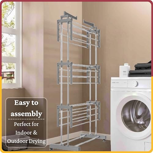 Image of Amiraj Premium Stainless Steel Clothes Drying Stand | 3 Tier 2 Pole Foldable Laundry Rack with Wheels & Sock Holder | Heavy Duty Indoor & Outdoor Cloth Dryer for Balcony, Terrace & Home - Gray
