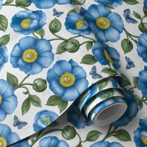 Image of Blue Floral Botanical Peel and Stick Wallpaper - Vintage Flower & Butterfly Self Adhesive Wallpaper Roll for Bedroom, Living Room, Kitchen, Furniture, Cabinets & Home Decor