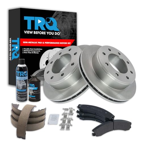 Image of TRQ Rear Brake Pad & Rotor Kit, with Chemical Kit Parking Brake Shoe Set Semi-Metallic Compatible with 2009-2020 Chevrolet Express 3500 GMC Savana 3500