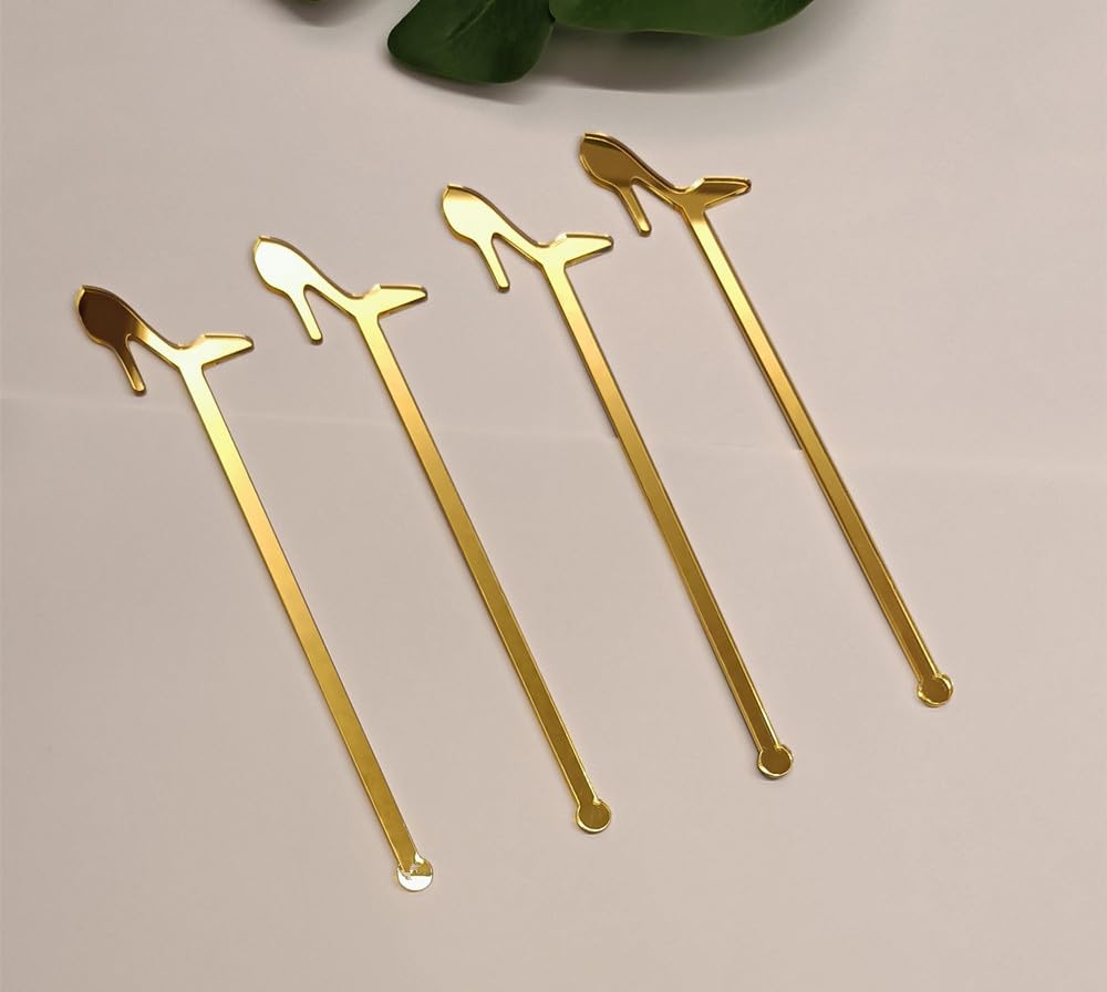 20pcs pf Wedding Stir Swizzle Sticks,Girl Coffee Stir Sticks Reusable, Wedding Drink Stirrers High Heel Shape,Champagne Drink Stirrer for Party Glowforge,Wedding Decor (Gold Mirror)