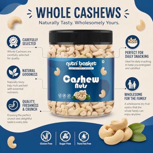 Image of NUTRI BASKET Whole Cashews /Kaju | Premium Unsalted Cashew Nuts | Rich in Protein, Magnesium & Phosphorus | Crunchy Fresh Dry Fruits for Snacking, Cooking, Desserts & Daily Nutrition (150g)