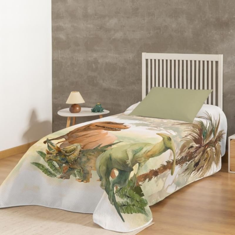 Colcha Boutí Infantil KARAMELO Rex con Estampación Digital. Dinosaurios, Tiranosaurio, Triceratops (Cama 90 cm)