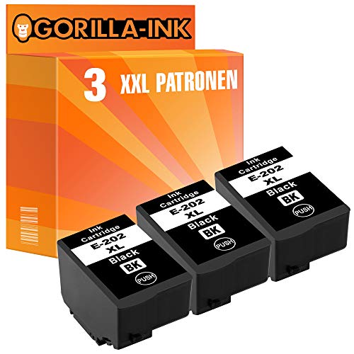 Gorilla-Ink 3 Cartuchos de Tinta Compatible con Epson 202XL 202 XL Black | Adecuado para Expression Premium XP6000 XP 6000 XP6005 XP 6005 XP6100 XP 6100 XP6105 XP 6105