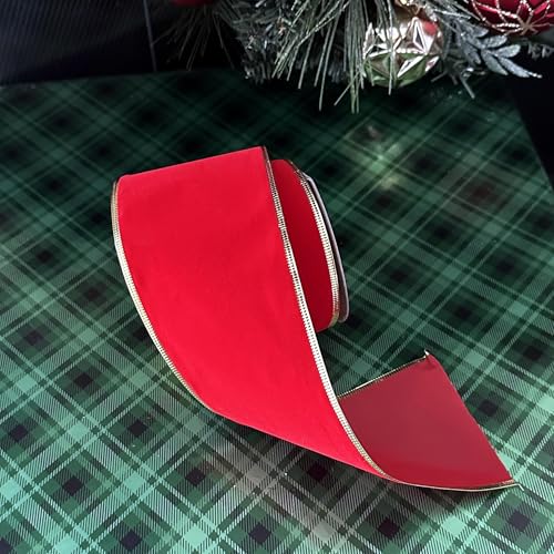Image of Gold Edge Red Velvet Ribbon - 4 inch x 10 Yards, Wired Edges, Holiday Decor, Garland, Gifts, Wrapping, Wreath, Gift Bow, Christmas, Valentine's Day
