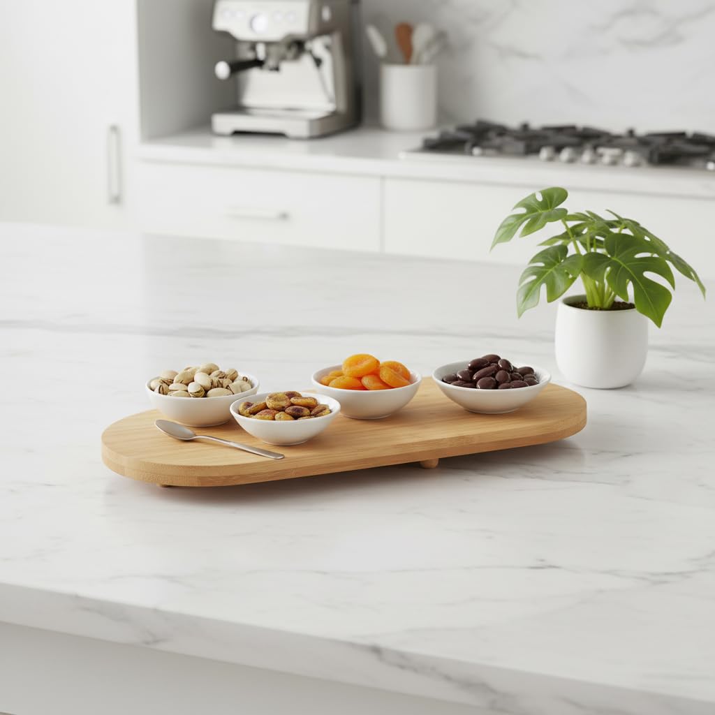 Deconox Ayaklı Bambu Sunum Tabakları, Ayaklı Bambu Sunumluk, Kek, Börek, Çörek ve Çikolata Sunum Tepsisi Yuvarlak Kenarlı Oval Sunumluk (32xm*12cm*1,5cm)