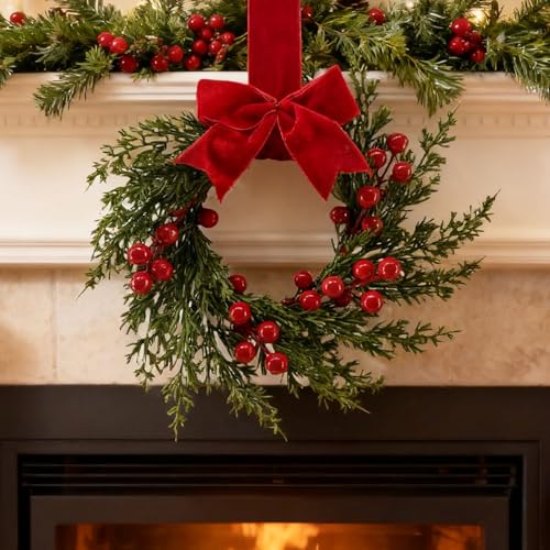 11.8 Inches Red Berry Christmas Wreath with Bow for Window Wall Door Decor - image 4