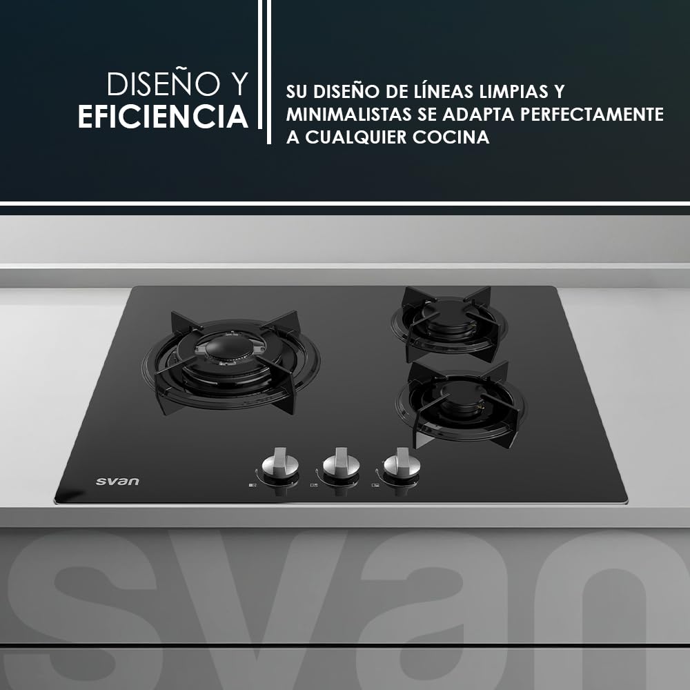 Svan Plaque de Gaz Butane, SGW3601N. 3 Brûleurs, Allumage Automatique, Brûleur WOK, Commandes Rotatives, Grilles Forgées, Sécurité FFD, Intégrable, Nettoyage Facile, Finition Verre Noir