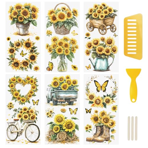 WANDIC 6PCS Rub On Transfer Sticker, Sunflower Theme Transfer Decals for DIY Scrapbooking Photo Albums Furniture Envelope 11.8 * 5.9in