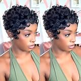 PangDongLai Short Layered Pixie Cut Wigs for Black Women 1b,1b/4,1b/99j Fashion Color for Everyday Use Glueless Pixie Cut Human Hair Wigs With Bangs Brazilian Virgin Curly Human Hair (1b)