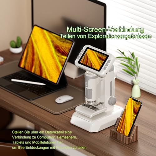 PYRODUM 4,0 IPS Digital Mikroskop 1600X, 1080P Tragbares Handmikroskop mit Foto- und Videoaufzeichnung, 32 GB Karte, LED-Licht, Objektträgerproben, Wiederaufladbar USB-Mikroskop für Kinder/Erwachsene