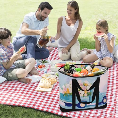 Truck Flower Watercolor Large Insulated Tote Bag for Grocery Shopping Reusable Tote Bags for Women Men, Cooler Bag with Zippered Top & Handles for Beach Picnic Travel3