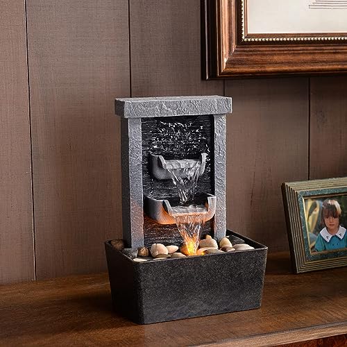 GOSSI Home Décor 10.3 in Indoor Waterfall Fountain Relaxation High Pressure Water Pumps Tabletop Fountain Nature Feeling Water Fountains with Reflective Lighting/River Rocks Home/Office Decoration