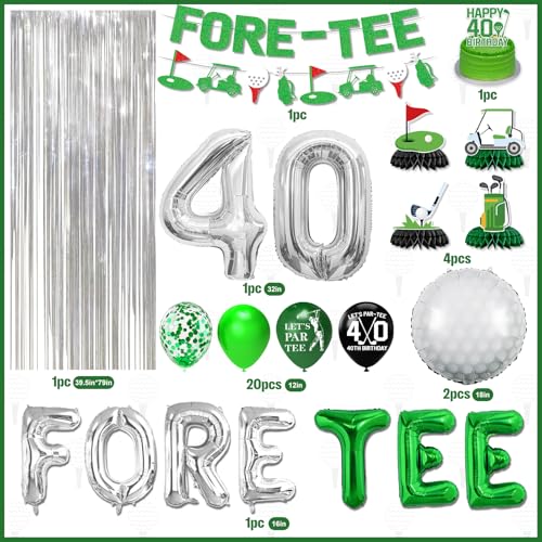 Image of 40th Birthday Decorations for Men, Golf 40 Birthday Decorations for Men Including FORE-TEE Banner Silver Fringe Curtain Golf Themed Honeycomb Centerpieces 40 Foil Balloons