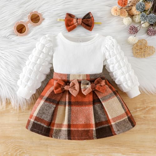 Toddler Baby Girl Plaid Dress Puff Sleeve Bow Patchwork Ribbed Shirts Dress Plaid Fall Winter Outfits with Headband4