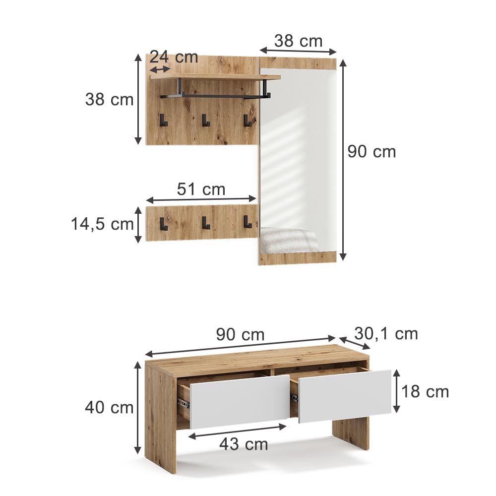 Vicco Armadio da ingresso Selena, Bianco/Artisan, 90 x 40 cm 4 parti, per montaggio a parete per un'organizzazione salvaspazio nell'ingresso