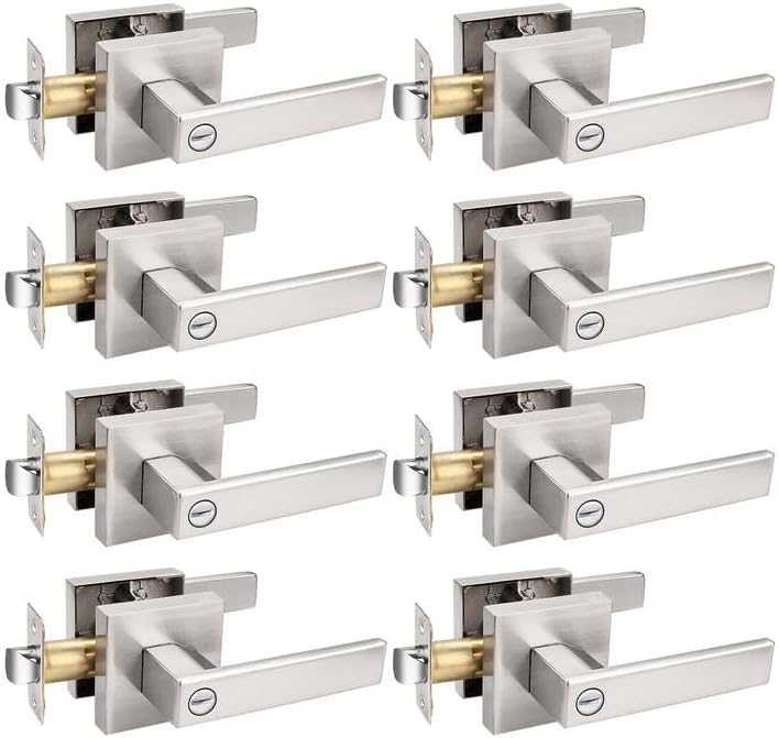 Probrico 8 Pack Door Handles Brsuhed Nickel Privacy Door Levers with Lock for Bedroom & Bathroom, Heavy Duty Square Interior Door Handles,for Left & Right Handed Doors,Keyless