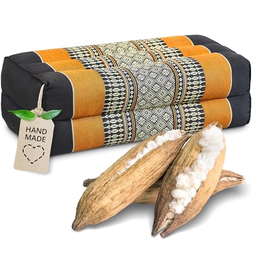livasia Block Yogakissen eckig - 17x34x12cm - Meditationskissen mit Kapok, Stützkissen Bolster rechteckig, Yoga Pilates Zubehör Nackenkissen, Thaikissen fest handgefertigt (Schwarz/Orange)