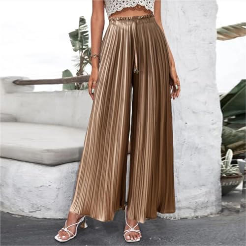 Women's Elegant Ruffle Pleated Chiffon Pants Wide Leg Loose Fit High Waist Flared Drawstring Trousers2