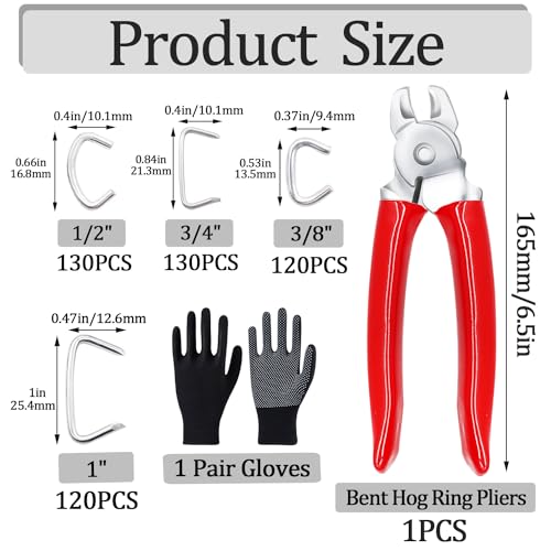 Image of 500 PCS Hog Rings with Bent Hog Ring Pliers Kit 1 inch 3 /4 inch 1 /2 inch 3 /8 inchGalvanized Hog Rings for Animal Pet Cages、Ropes、Bagging、DIY Craft、Furniture