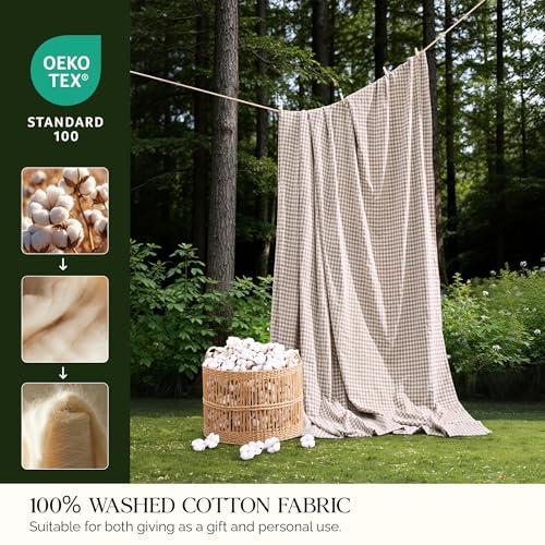 Image of Andency Tan Gingham Duvet Cover Full, 100% Wash Cotton Linen Like Textured Breathable Comforter Cover Set, 3 Piece Brown Classic Yarn-Dyed Checkered Plaid Bedding Set, 79 inch*90 inch