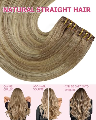 Image of YoungSee Ombre Clip in Hair Extensions 120g Light Brown Balayage Platinum Blonde Real Hair Extensions Clip in Human Hair, Instant Hair Volume for Parties, Clip on Hair Extension for Women 14 Inch 7Pcs
