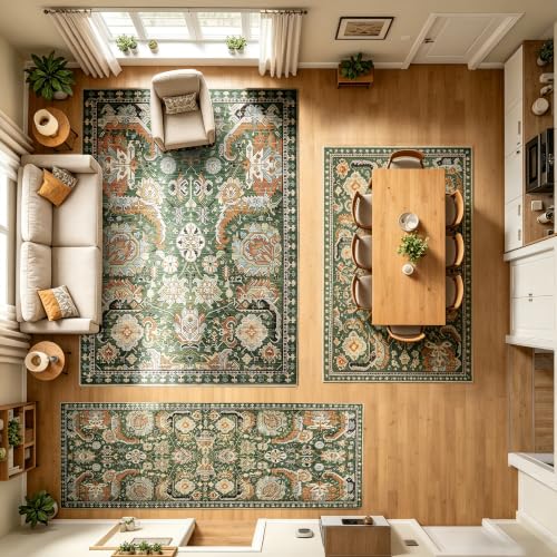 Image of RUGSURE Washable Area Rugs - Perfect for Living Room, Bedroom, Kids Room, Nursery - Stain & Water Resistant Non-Slip, Pet & Child Friendly, Vintage Tribal Area Rugs (Green, 5' x 7')