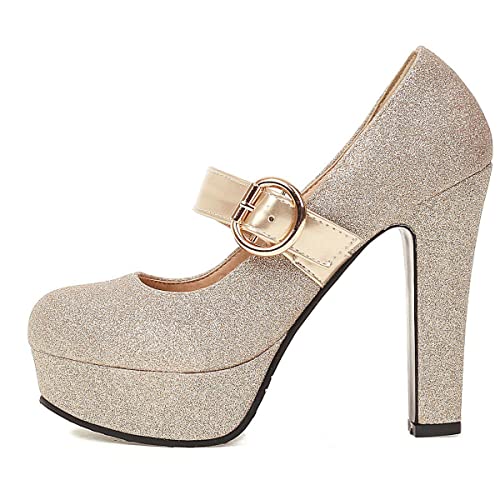 ClassicSter Womens Glitter Mary Jane Platform Pumps Round Toe Chunky High Heel Pumps with Ankle Strap3