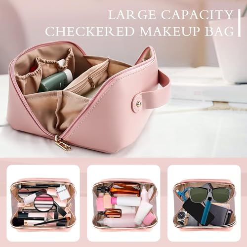 Image of ANGENIL Makeup Pouch Bag, Travel Pouches for Women, Vanity Bag for Women Latest, Cosmetic Organizer, Travel Toiletry Bag, Mini Makeup Bag and Skincare Pouch, Leather Vanity Bag (Pink, Medium)