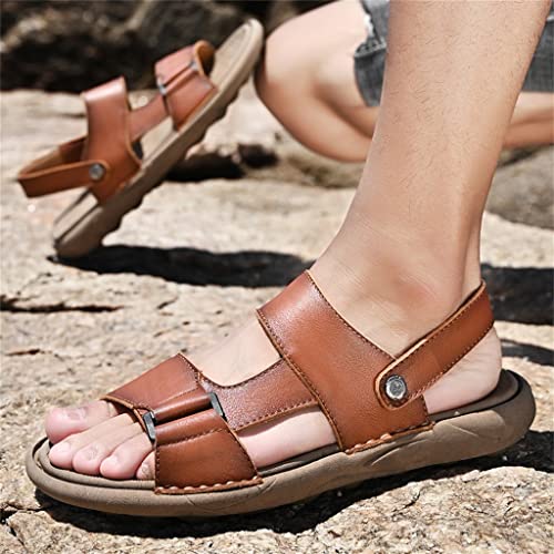 Sandals Men ' s Cowhide Casual Beach Shoes Genuine Leather Thick Sole Anti Slip Male Toe Shoes Black Brown(41)4